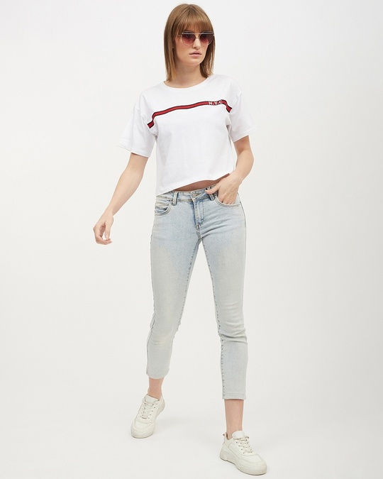 Shop Women's Round Neck Short Sleeves Striped T-shirt-Back