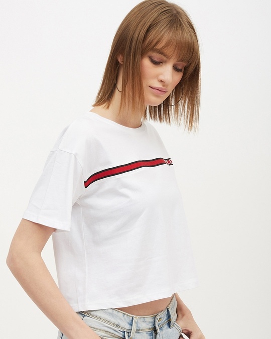 Shop Women's Round Neck Short Sleeves Striped T-shirt-Full