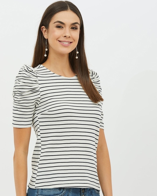 Shop Women Round Neck Short Sleeves Striped T Shirt-Design