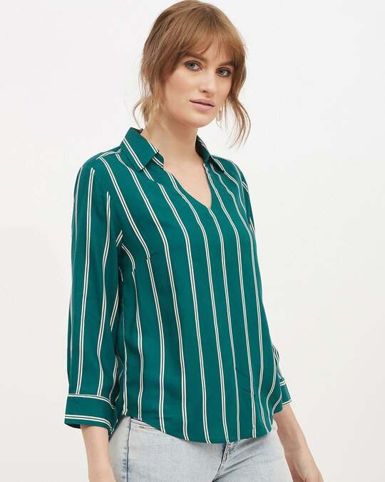 Shop Women's Shirt Collar Full Sleeve Striped Top