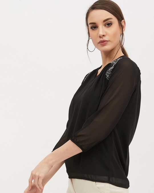 Shop Women's V Neck Three Quarter Sleeves Solid Top-Design
