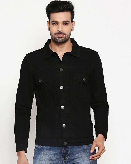 Shop Men's Black Solid Denim Jacket-Front