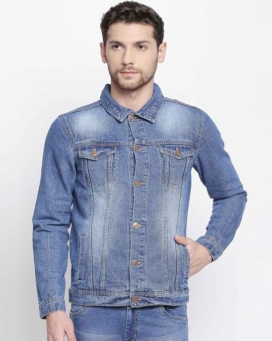 Shop Men's Blue Solid Denim Jacket-Front
