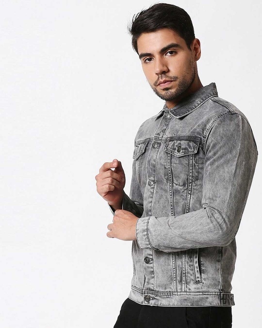 Shop Men's Grey Checked Denim Jacket-Back