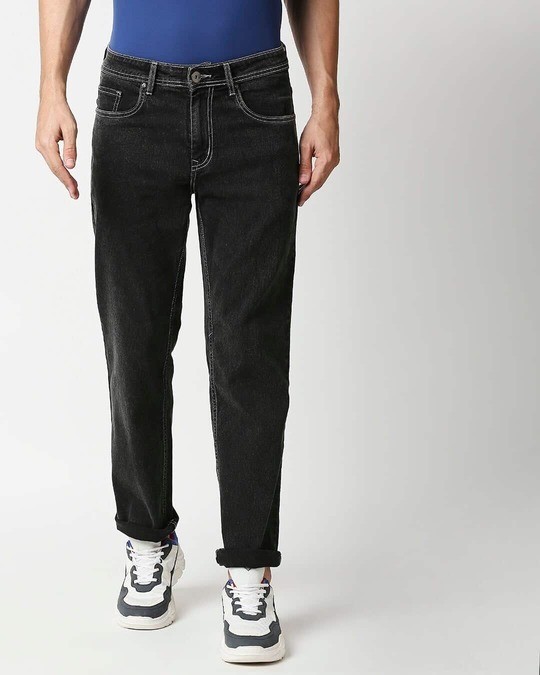 Shop Mens Black Washed Slim Fit Mid Rise Jeans With Belt Loopsmbdrhs1074-Front