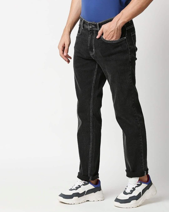 Shop Mens Black Washed Slim Fit Mid Rise Jeans With Belt Loopsmbdrhs1074-Back