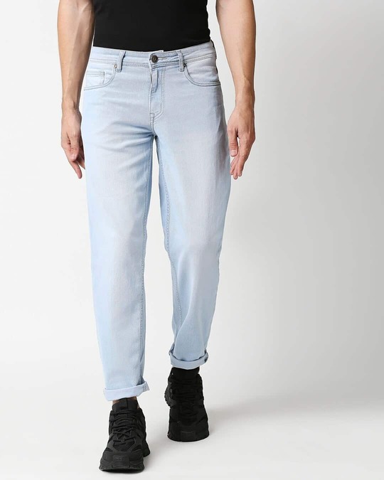 Shop Mens Blue Washed Slim Fit Mid Rise Jeans With Belt Loopsmbdrhs1027-Front