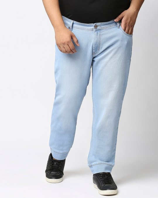 Shop Plus Size Men Blue Jogger Fit Mid Rise Clean Look Joggers Jeans-Front