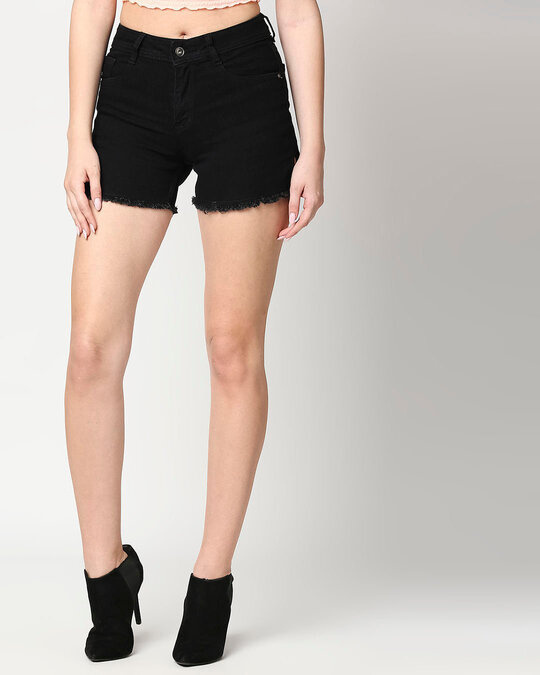 Shop Women's Black Solid Slim Fit Denim Shorts-Back