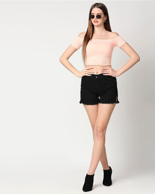 Shop Women's Black Solid Slim Fit Denim Shorts