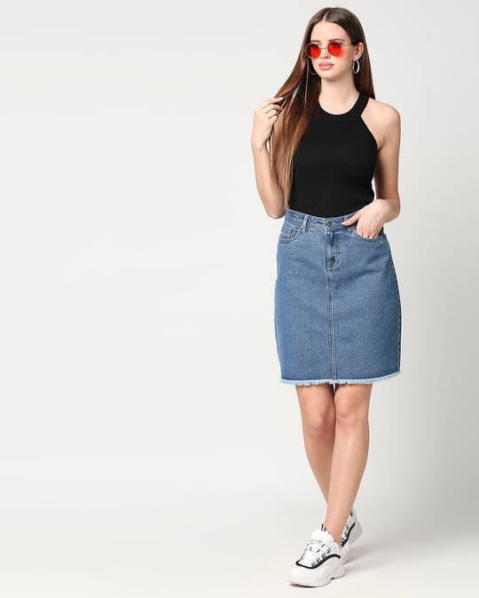 Shop Women's Blue Solid A-Line Denim Skirt