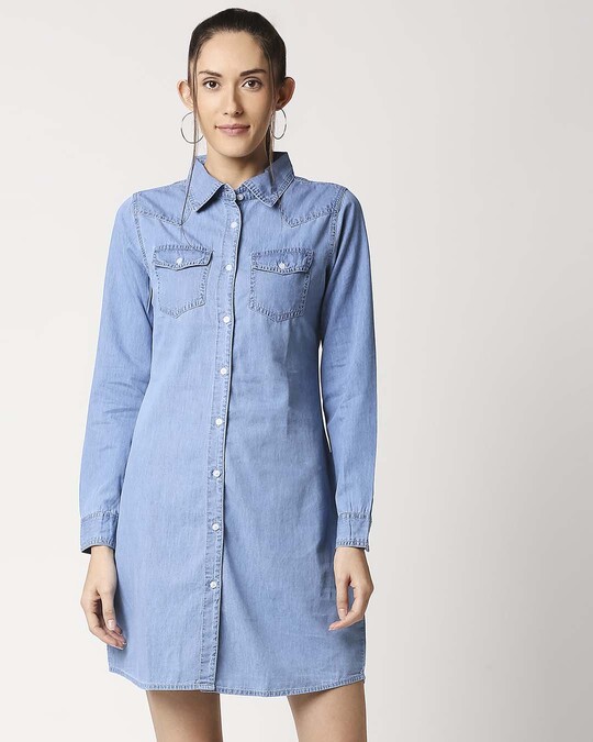 Shop Women's Blue Solid Shirt Dress-Front