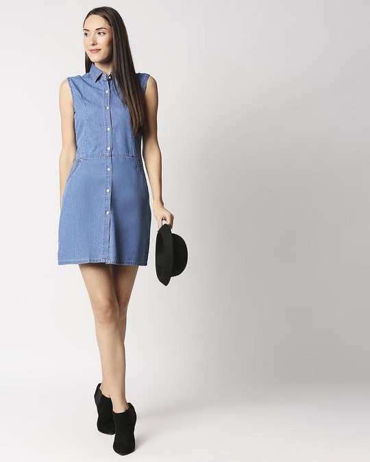 Shop Women Blue Solid Shirt Dress-Full