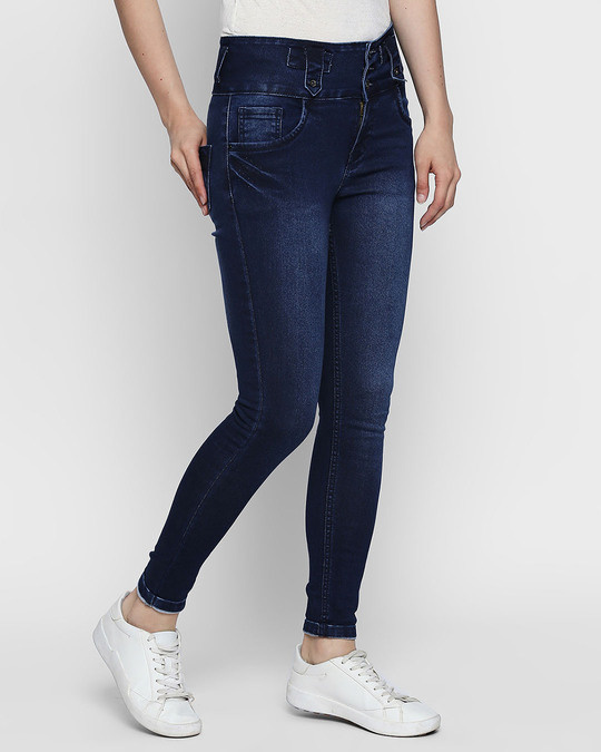 Blue Washed Slim Fit High Waist Jeans 
