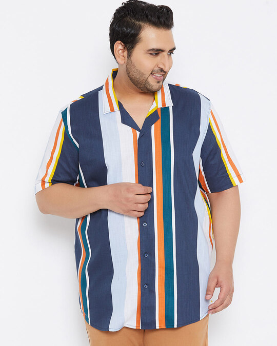 Shop Plus Size Men's Stylish Striped Half Sleeve Casual Shirt-Back