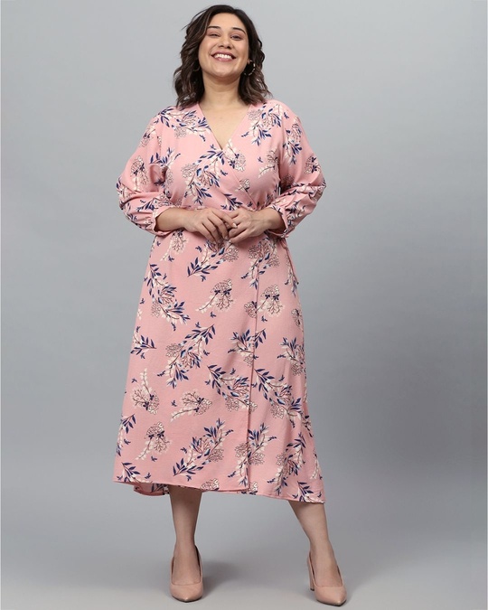 Shop Women's Pink Floral Design Stylish Casual Dress-Front