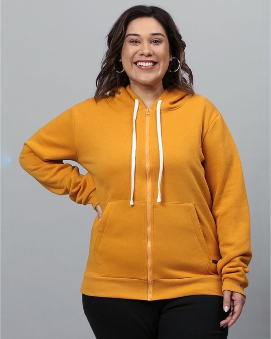 Shop Women's Yellow Solid Stylish Casual Hooded Sweatshirt-Front
