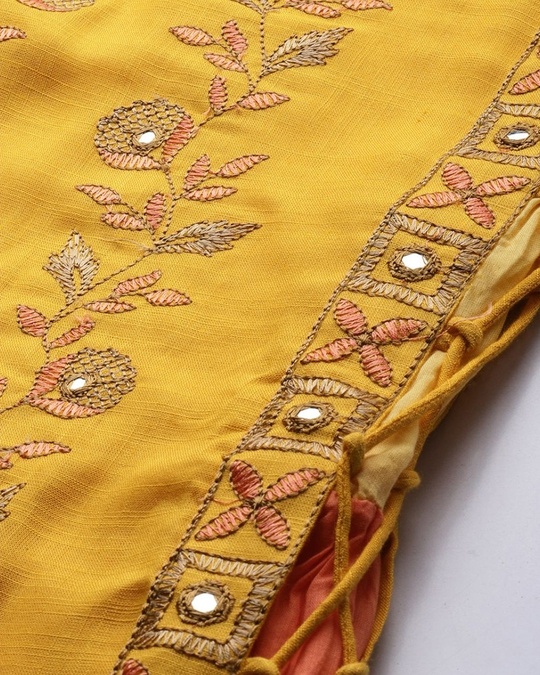 Shop Women's Rayon Yellow Embroidered Layered Kurta