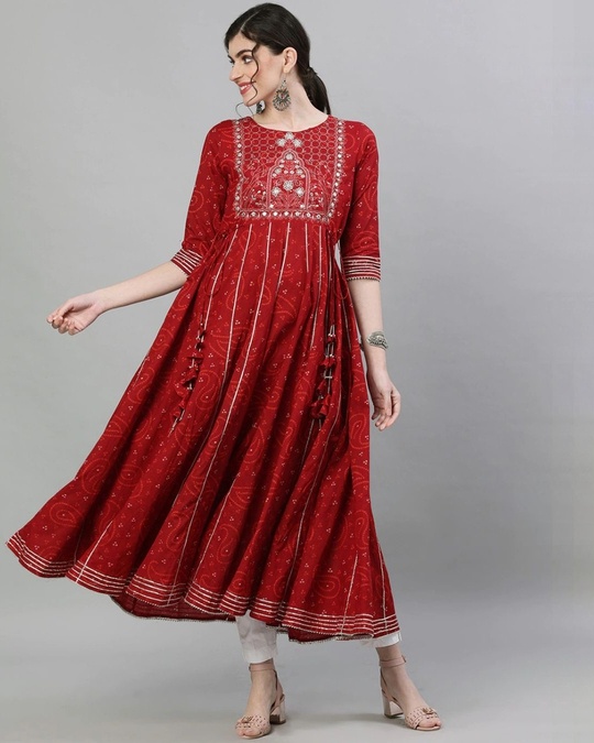 Buy Ishin Women's Cotton Maroon Yoke Embellished Bandhani Anarkali ...