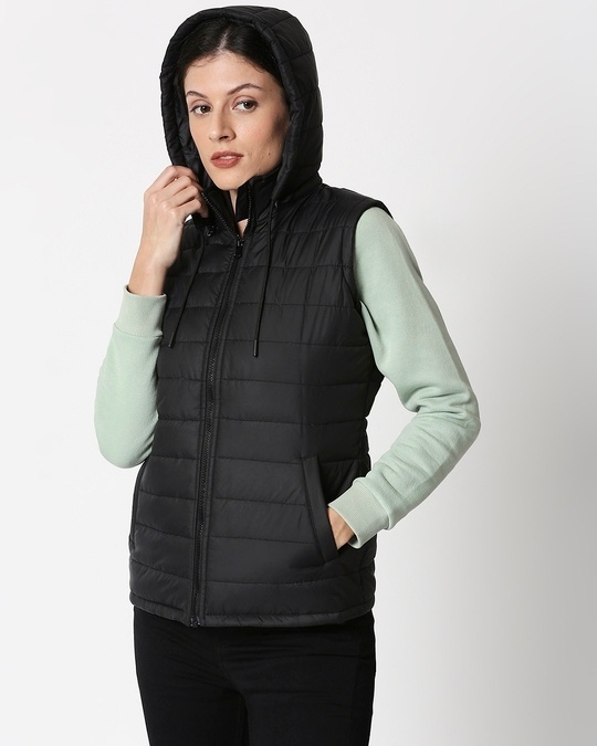 Shop Jet Black Plain Sleeveless Puffer Jacket with Detachable Hood-Design