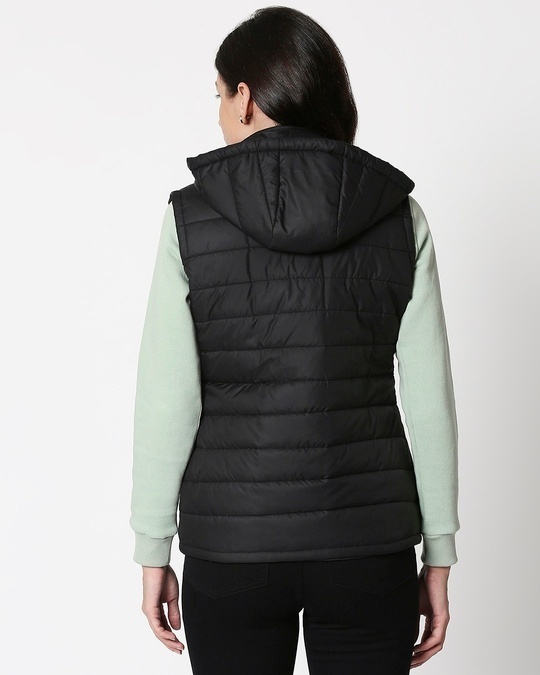 Shop Jet Black Plain Sleeveless Puffer Jacket with Detachable Hood-Full