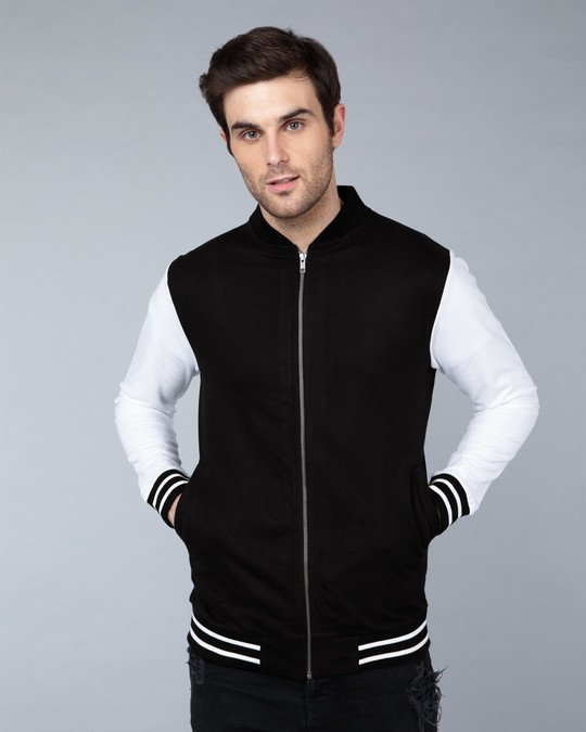 Buy Black Plain Full Sleeve Varsity Bomber Jacket For Men Online India