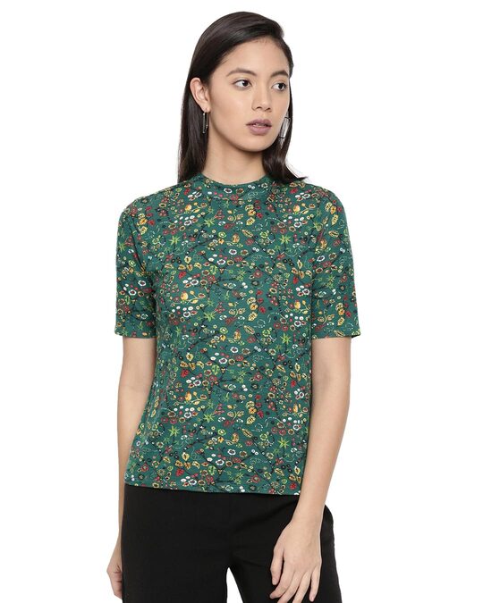 Shop Women's Green Floral Print Half Sleeve Top-Front