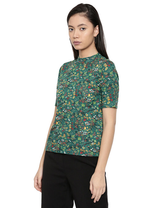 Shop Women's Green Floral Print Half Sleeve Top-Back