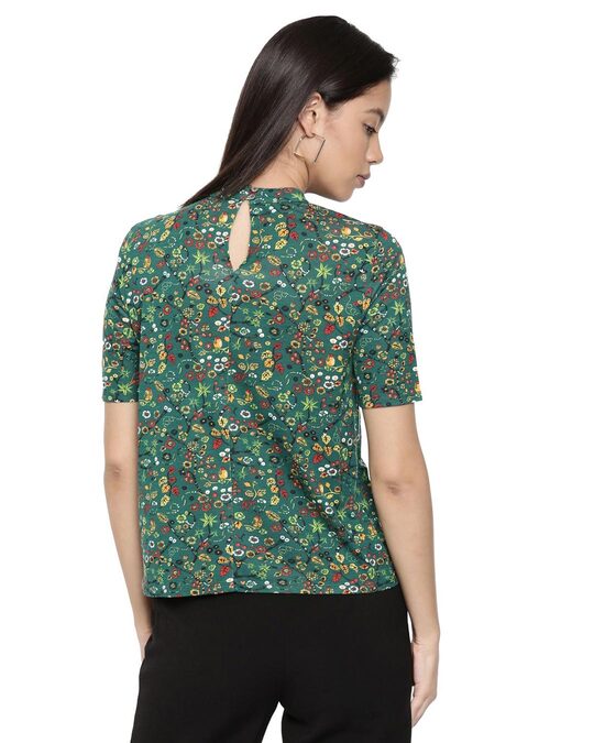 Shop Women's Green Floral Print Half Sleeve Top-Design