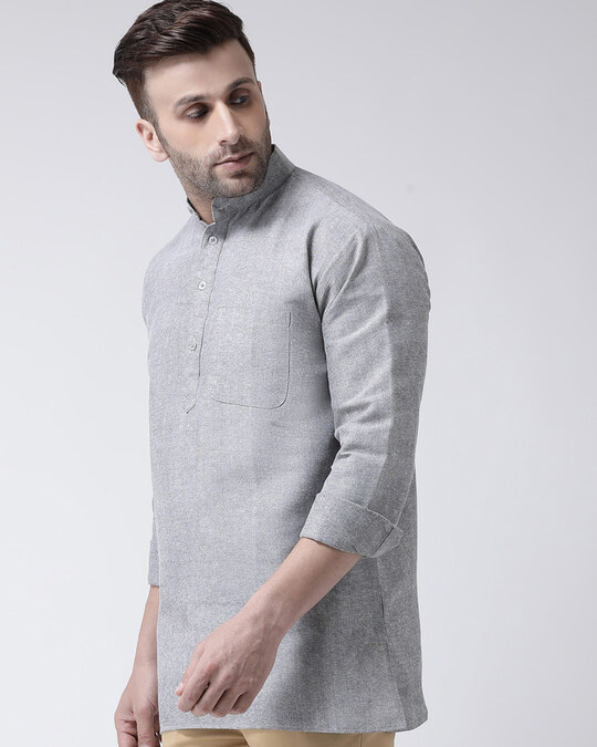 Shop Men's Pure Cotton Solid Short Kurta In Full Sleeve-Back