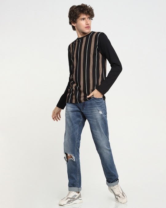 Shop Killer Brown Contrast Sleeve Stripe T-shirt-Full