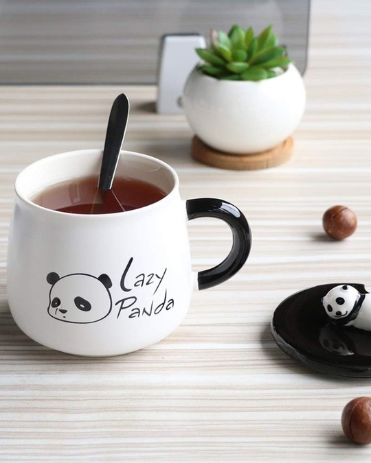 Shop Lazy Panda Printed Combo Ceramic Mug With Lid Spoon & Key Chain (450 ml, Black, Single piece )-Back