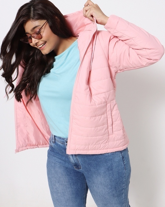 Shop Light Pink Plus Size Basic Puffer Jacket-Front