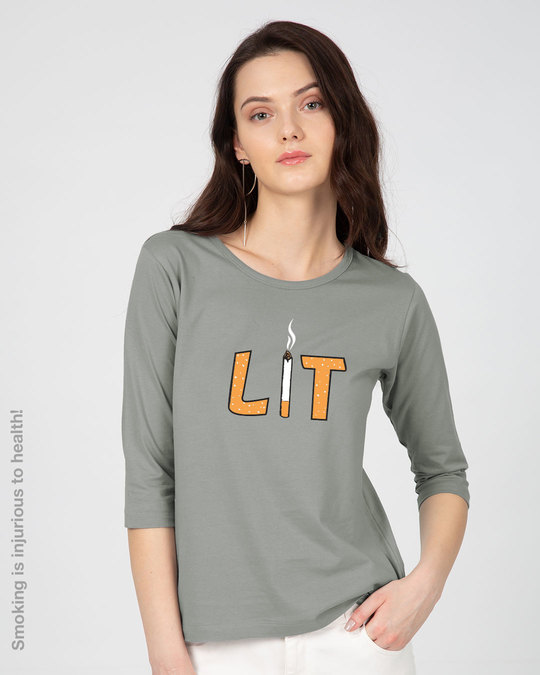 Shop Lit Cigarette Round Neck 3/4th Sleeve T-Shirt-Front