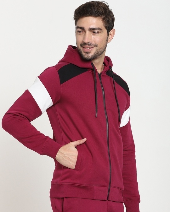 Buy Men's Maroon Color Block Zipper Hoodie Online at Bewakoof