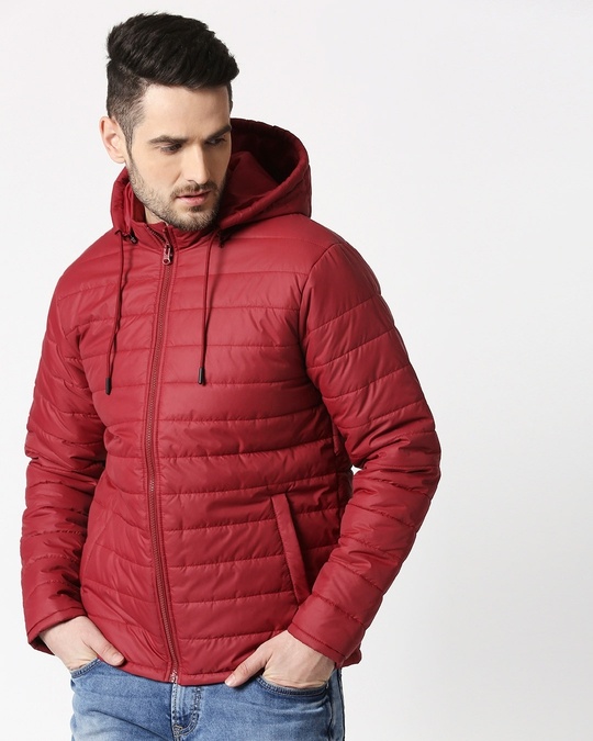 Buy Maroon Plain Puffer Jacket with Detachable Hood Online at Bewakoof