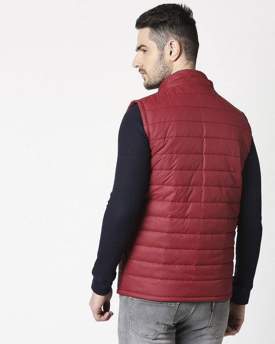 Maroon Plain Sleeveless Puffer Jacket with Detachable Hood