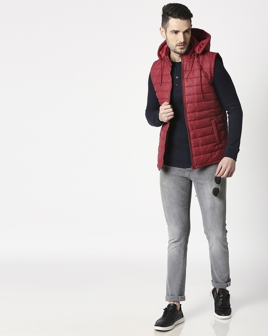 Maroon Plain Sleeveless Puffer Jacket with Detachable Hood