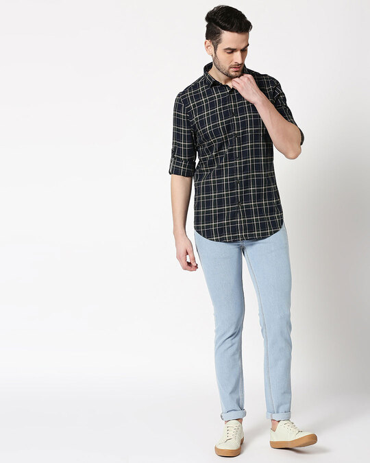 Shop Men's Navy & Green Slim Fit Checked Casual Shirt