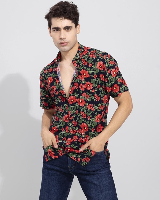 Buy Men's Black All Over Floral Printed Slim Fit Shirt for Men Black ...