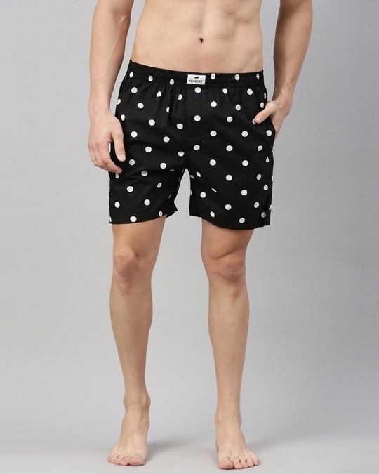 Shop Men's Black All Over Polka Printed Cotton Boxers-Front
