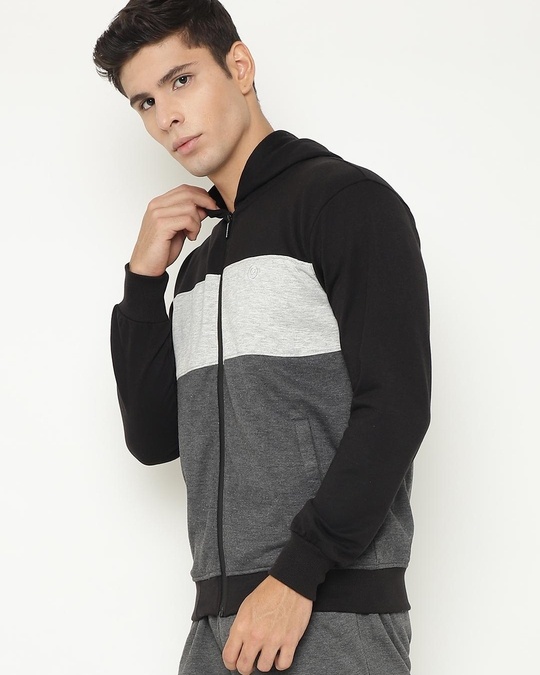Buy Men's Black & Grey Color Block Hooded Jacket Online at Bewakoof