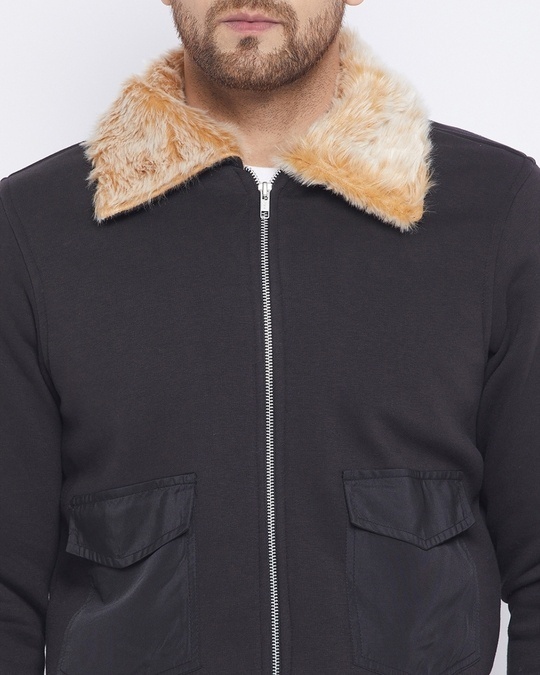 Shop Men's Black Cotton Fleece Slim Fit Bomber Jacket