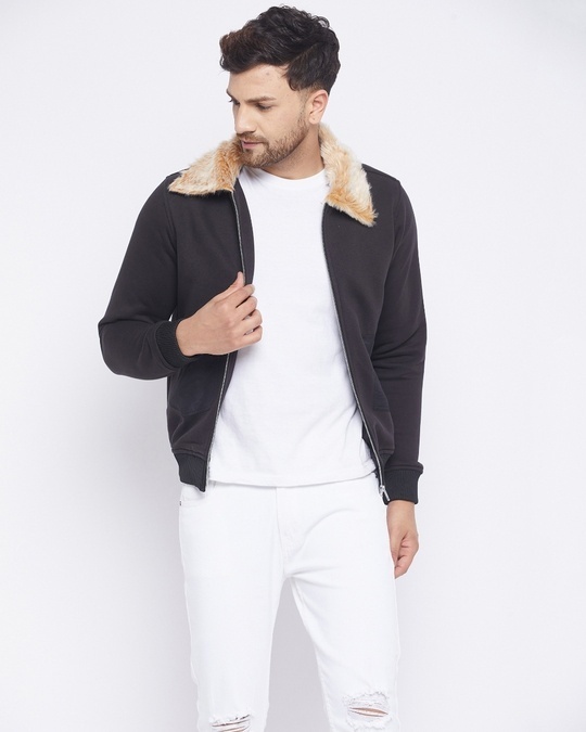 Shop Men's Black Cotton Fleece Slim Fit Bomber Jacket