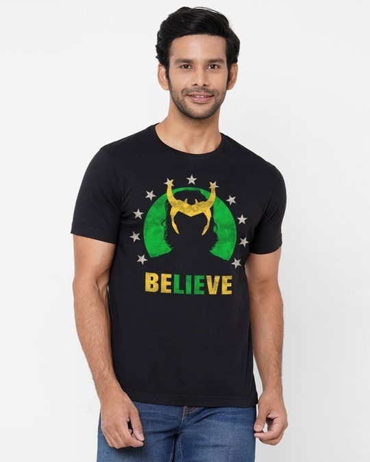 Shop Men's Black Loki Believe Marvel Official Graphic Printed Cotton T-shirt-Front