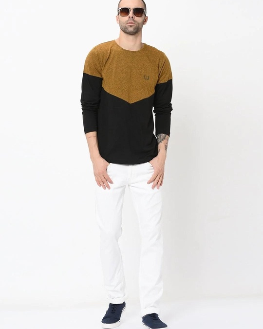 Buy Men's Black & Mustard Color Block Slim Fit T-shirt Online at Bewakoof