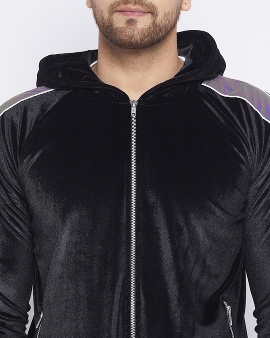 Shop Men's Black Reflective Tape Slim Fit Hooded Sweatshirt-Full