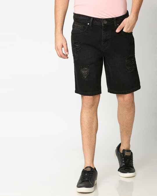 mens distressed black shorts