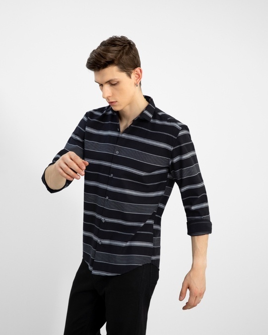 Shop Men's Black Striped Slim Fit Shirt-Back
