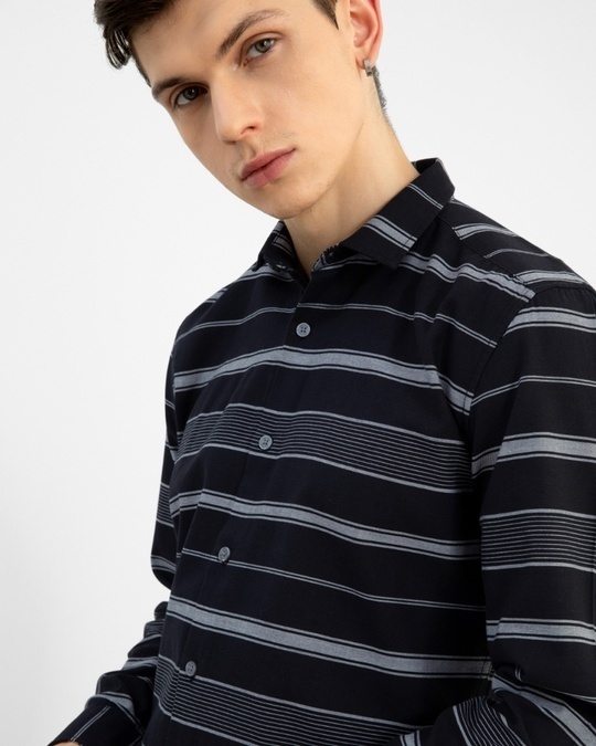 Shop Men's Black Striped Slim Fit Shirt-Full